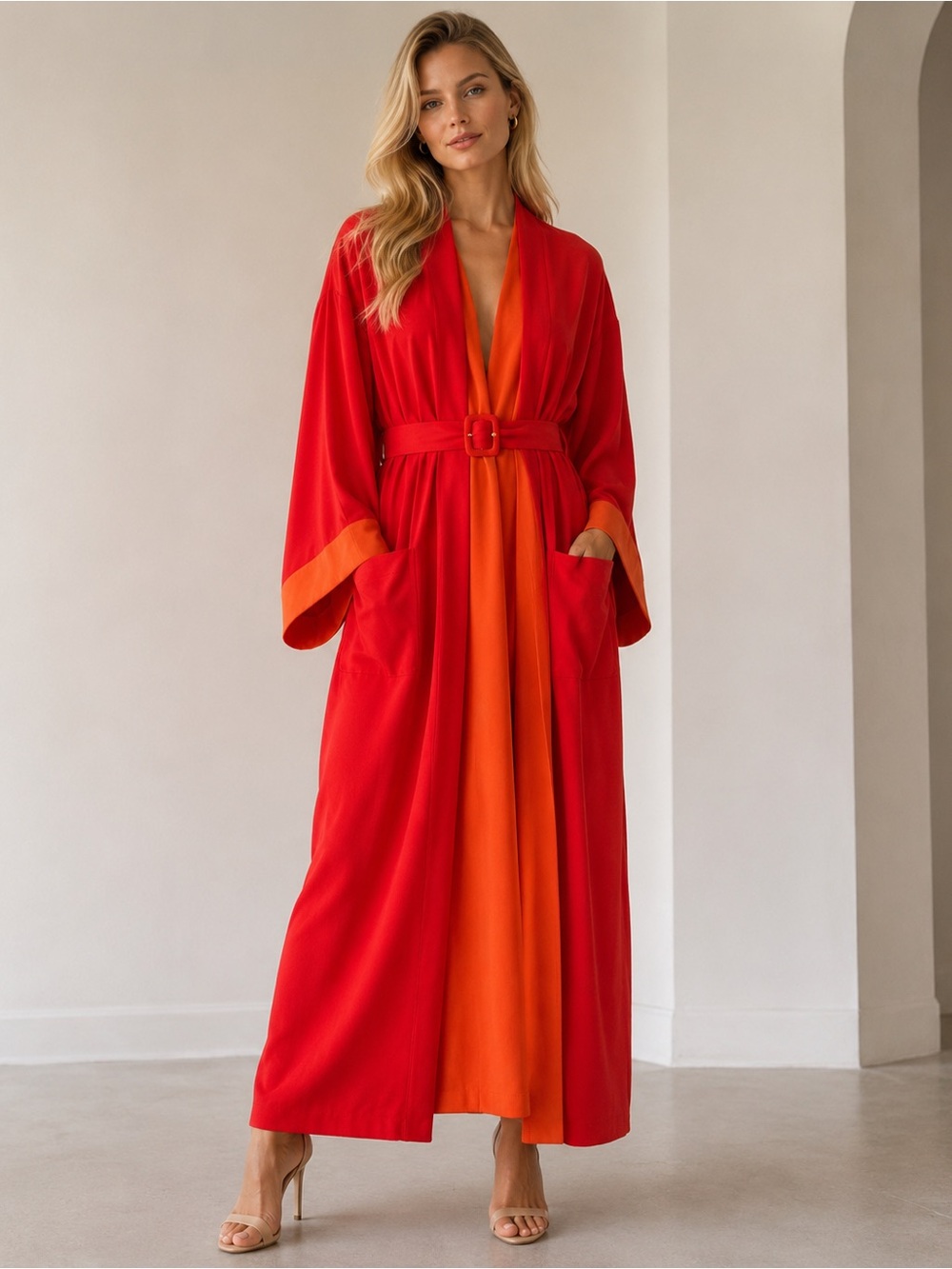 BAQA Exclusive Colorblock Belted Kimono Maxi Dress Red Orange Designer